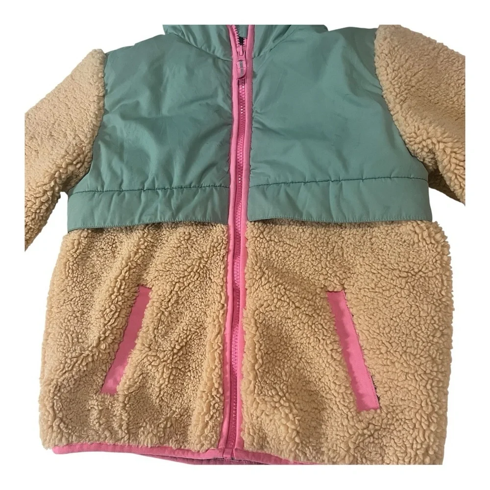 wonder nation Teal, Tan & Pink Hooded Sherpa Bomber Jacket